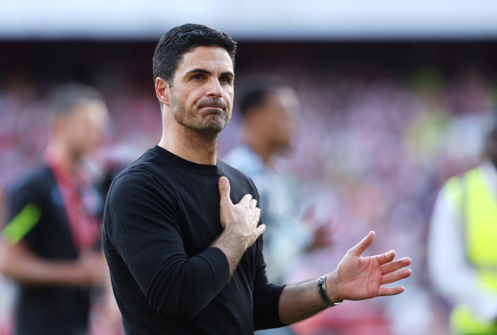 LONDON, ENGLAND - MAY 19: Mikel Arteta, Manager of Arsenal, acknowledges the fans following the Premier League match between Arsenal FC and Everton FC at Emirates Stadium on May 19, 2024 in London, England. (Photo by Julian Finney/Getty Images)