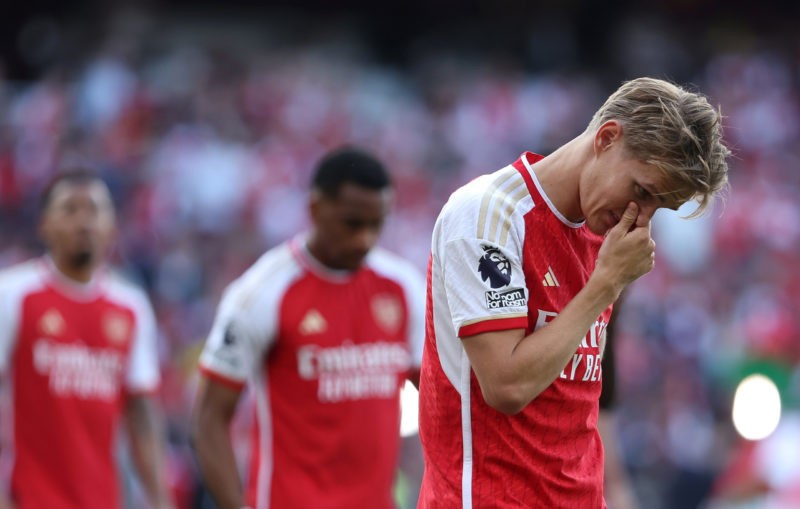 LONDON, ENGLAND - MAY 19: Martin Odegaard of Arsenal reacts after the Premier League match between Arsenal FC and Everton FC at Emirates Stadium on May 19, 2024 in London, England. (Photo by Julian Finney/Getty Images)