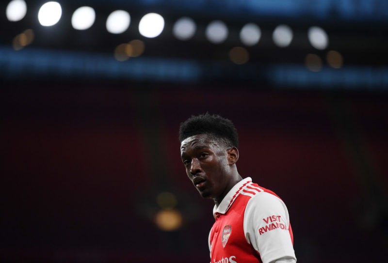 LONDON, ENGLAND - APRIL 04: Amario Cozier-Duberry of Arsenal looks on during the FA Youth Cup Semi-Final match between Arsenal U18 and Manchester City U18 at Emirates Stadium on April 04, 2023 in London, England. (Photo by Alex Davidson/Getty Images)