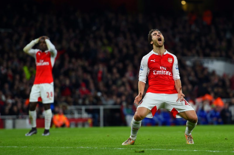 LONDON, ENGLAND - JANUARY 24: Mathieu Flamini of Arsenal reacts to a missed opportunity during the Barclays Premier League match between Arsenal and Chelsea at Emirates Stadium on January 24, 2016 in London, England. (Photo by Shaun Botterill/Getty Images)