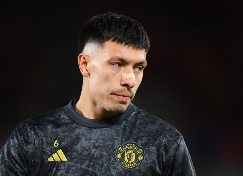 BRENTFORD, ENGLAND - MARCH 30: Lisandro Martinez of Manchester United looks on during the warm up prior to the Premier League match between Brentford FC and Manchester United at Gtech Community Stadium on March 30, 2024 in Brentford, England. (Photo by Justin Setterfield/Getty Images)