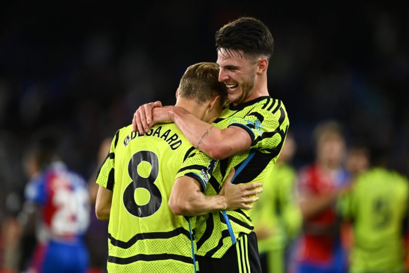 LONDON, ENGLAND - AUGUST 21: Declan Rice of Arsenal celebrates with teammate Martin Odegaard after his team's victory in the Premier League match between Crystal Palace and Arsenal FC at Selhurst Park on August 21, 2023 in London, England. (Photo by Mike Hewitt/Getty Images)