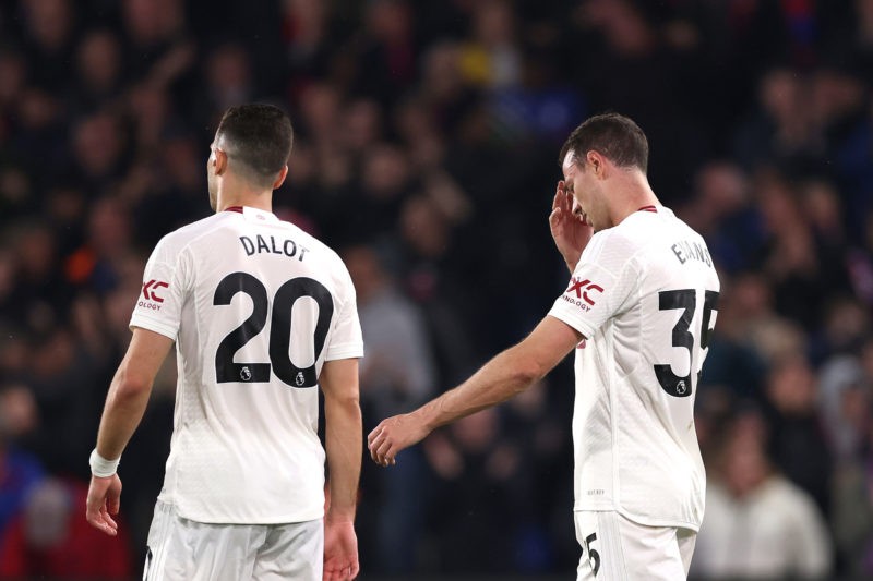 LONDON, ENGLAND - MAY 06: Jonny Evans and Diogo Dalot of Manchester United react during the Premier League match between Crystal Palace and Manchester United at Selhurst Park on May 06, 2024 in London, England. (Photo by Alex Pantling/Getty Images)