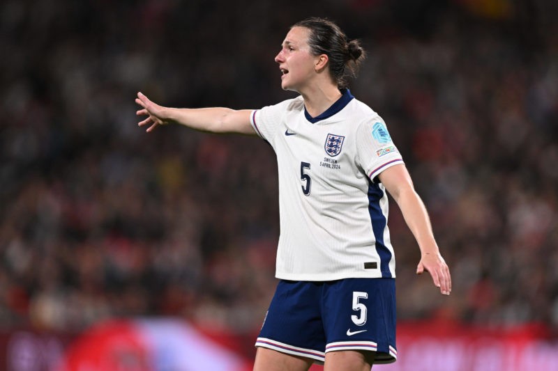 LONDON, ENGLAND - APRIL 05: Lotte Wubben-Moy of England gestures during the UEFA Women's European Qualifier match between England and Sweden on April 05, 2024 in London, England. (Photo by Mike Hewitt/Getty Images)
