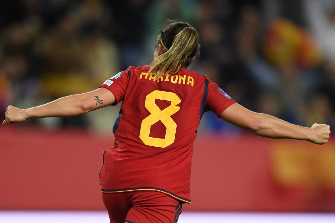 Spain's forward #08 Mariona Caldentey celebrates after scoring her team's third goal during the UEFA Women's Nations League group A4 football match between Spain and Sweden, at La Rosaleda stadium in Malaga on December 5, 2023.(Photo by JORGE GUERRERO/AFP via Getty Images)