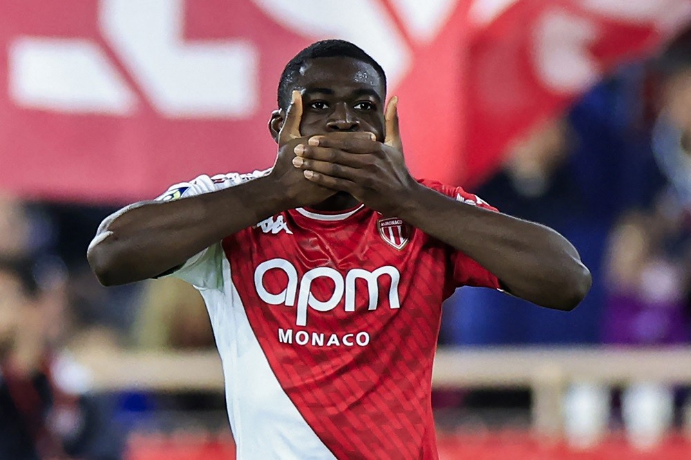 Monaco's Youssouf Fofana celebrates after scoring his team's first goal during the French L1 football match between AS Monaco and Lille (LOSC) at the Louis II Stadium (Stade Louis II) in the Principality of Monaco on April 24, 2024. (Photo by VALERY HACHE/AFP via Getty Images)