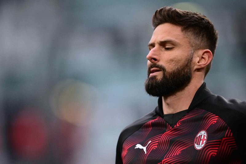 AC Milan's French forward #09 Olivier Giroud warms up prior to the Italian Serie A football match between Juventus and AC Milan at The Allianz Stadium in Turin on April 27, 2024.  (Photo by MARCO BERTORELLO/AFP via Getty Images)