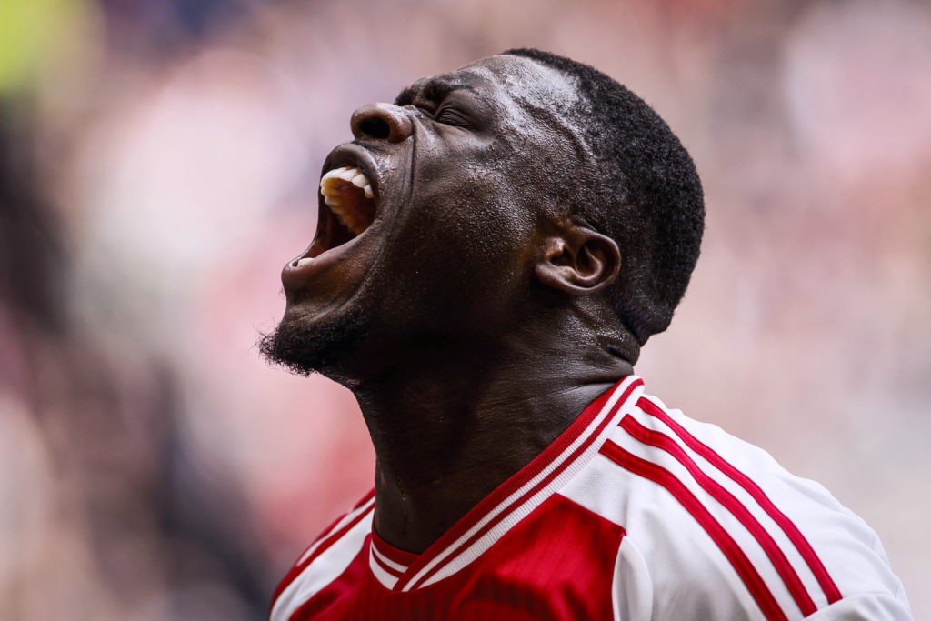 Ajax's Dutch forward #09 Brian Brobbey celebrates scoring the opening goal during the Dutch Eredivisie football match between Ajax Amsterdam and FC Utrecht at the Johan-Cruijff ArenA in Amsterdam on March 3, 2024. (Photo by KOEN VAN WEEL/ANP/AFP via Getty Images)