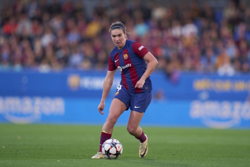 BARCELONA, SPAIN - MARCH 28: Mariona Caldentey of FC Barcelona with the ball during the UEFA Women's Champions League 2023/24 Quarter Final Leg Two match between FC Barcelona and SK Brann at Estadi Johan Cruyff on March 28, 2024 in Barcelona, Spain. (Photo by Pedro Salado/Getty Images)