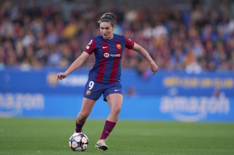 BARCELONA, SPAIN - MARCH 28: Mariona Caldentey of FC Barcelona with the ball during the UEFA Women's Champions League 2023/24 Quarter Final Leg Two match between FC Barcelona and SK Brann at Estadi Johan Cruyff on March 28, 2024 in Barcelona, Spain. (Photo by Pedro Salado/Getty Images)
