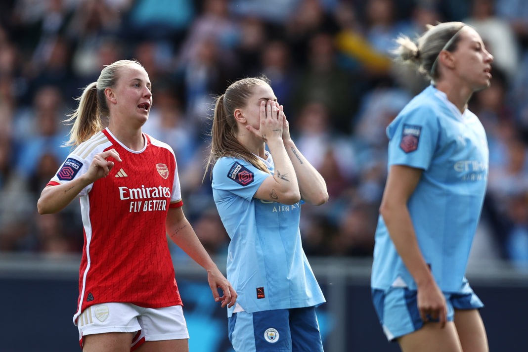 MANCHESTER, ENGLAND - MAY 05: Jess Park of Manchester City reacts after a missed chance during the Barclays Women´s Super League match between Manchester City and Arsenal FC at Joie Stadium on May 05, 2024 in Manchester, England. (Photo by Naomi Baker/Getty Images)