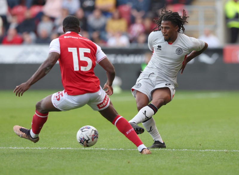 ROTHERHAM, ENGLAND - JULY 25: Yasser Larouci (R) of Sheffield United in action with Tolaji Bola of Rotherham United during the pre-season friendly match between Rotherham United and Sheffield United at AESSEAL New York Stadium on July 25, 2023 in Rotherham, United Kingdom. (Photo by Nigel Roddis/Getty Images)