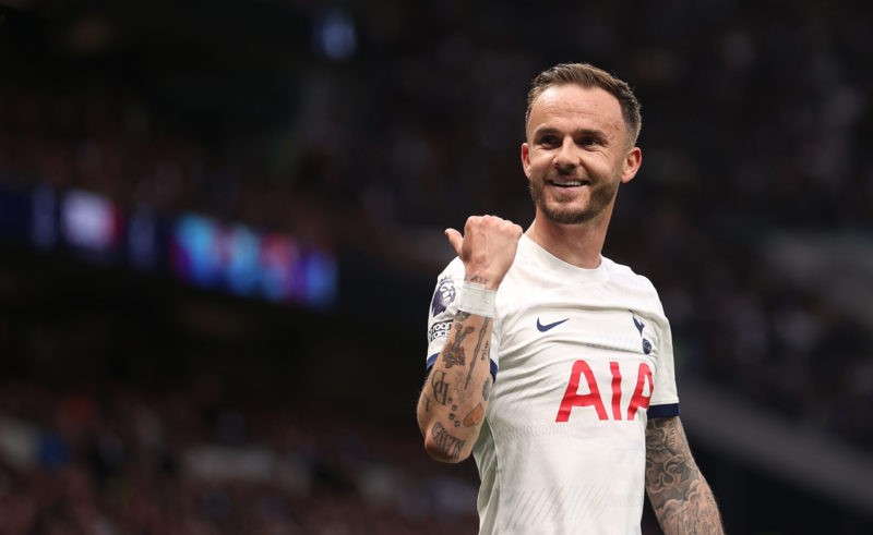LONDON, ENGLAND - MAY 14: James Maddison of Tottenham Hotspurs reacts to the Manchester City fans during the Premier League match between Tottenham Hotspur and Manchester City at Tottenham Hotspur Stadium on May 14, 2024 in London, England. (Photo by Julian Finney/Getty Images)