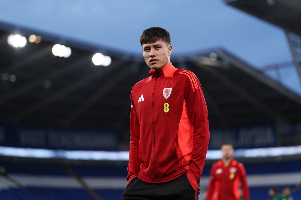 CARDIFF, WALES: Rubin Colwill of Wales inspects the pitch prior to the UEFA EURO 2024 Play-Offs Semi-final match between Wales and Finland at Cardiff City Stadium on March 21, 2024. (Photo by Ryan Hiscott/Getty Images)