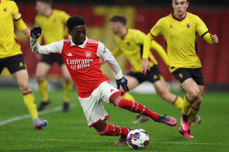 WATFORD, ENGLAND - FEBRUARY 06: Amario Cozier-Duberry of Arsenal in action during the FA Youth Cup Fifth round match between Watford FC and Arsenal FC at Vicarage Road on February 06, 2023 in Watford, England. (Photo by Richard Heathcote/Getty Images)