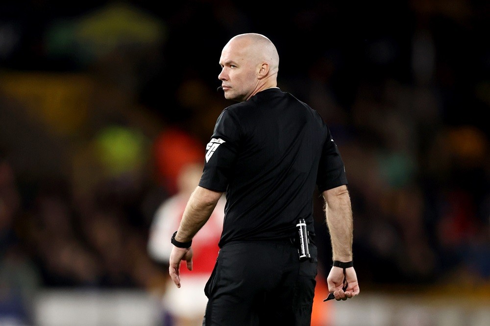 WOLVERHAMPTON, ENGLAND: Referee Paul Tierney looks on during the Premier League match between Wolverhampton Wanderers and Arsenal FC at Molineux on April 20, 2024. (Photo by Naomi Baker/Getty Images)