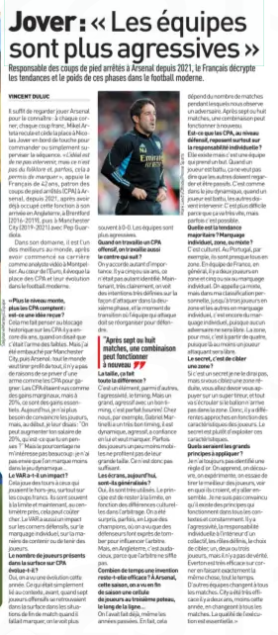 Jover: "The teams are more aggressive" Responsible for set-pieces at Arsenal since 2021, the Frenchman deciphers the trends and the weight of these phases in modern football. L'Équipe30 Jun 2024 You only have to watch Arsenal play to know him: at every corner, every free kick, Mikel Arteta backs down and gives way to Nicolas Jover on the sidelines to command or simply supervise the sequence. "The ideal is not to intervene, but it's not folklore and, sometimes, it allowed us to score, " supports the 42-year-old Frenchman, boss of set-pieces (CPA) at Arsenal, since 2021, after having already held this position when he arrived in England, at Brentford (2016-2019), then at Manchester City (2019-2021) with Pep Guardiola. In his field, he is one of the best in the world, having started his career as a video analyst in Montpellier. At the heart of the Euro, he evokes the place of CPAs and their evolution in modern football. "The higher the level, the more CPAs matter: is this a misconception? It reminds me of the historical blockage on CPAs even ten years ago, when it was said that it was the weapon of the weak. But I was hired by Manchester City, then Arsenal: everyone wants to profit from everything, there are no reasons to deprive themselves of a weapon like CPAs to win. CPAs were seen as marginal gains, but at 20%, they are essential gains. Today, I no longer need to convince the players, but, at the beginning, I was telling them: "We can increase your salary by 20%, what do you think?”But the percentage doesn't interest me much: I don't want us to score less in the dynamic game… Does VAR have an impact? It plays tricks on those who were playing the offside, especially on free kicks. They are often at the limit and now, to the nearest centimeter, it can be expensive. VAR also has an impact on defensive corners, on individual marking, on the way to contain or hold players. Is the number of players present in the surface on CPA changing? Yes, we have seen an evolution this year. What was simply related to the context, before, when seven attacking players found themselves in the box in situations at the end of the match when it was necessary to score, we see it more often at 0-0. The teams are more aggressive. When we work an offensive CPA, we also work the following counter? We attach as much importance to it. Five or six years ago, it wasn't identified as much. Now, very clearly, we see very definite intentions on how to attack in the second phase, and the moment of transition when the attacking team must reorganize to defend. “After seven or eight matches, a combination can work again it's doing 'it' The size, all the difference? This is one element, among others, aggressiveness, timing. But a big, aggressive one with good timing is perfect (smile). With us, for example, Gabriel Martinelli has very good timing, he is dynamic, aggressive, has confidence in himself and wants to score. Sometimes players who are a little less mobile don't take advantage of their large size. So it's not enough. Are screens widespread today? Yes, they are widely used. The principle is to stay at the limit, depending on cultural differences in arbitration. We were surprised, sometimes, in the Champions League, where we saw that defenders deliberately fall to influence the referee. But, in England, it's bold, because the referee doesn't blow the whistle. How long does an invention remain effective? At Arsenal, this season, we saw at the end of the season a cell of players at the third post, along the line… We've done it before, even in years past. In fact, it depends on the number of matches during which we have an opponent. After seven or eight matches, a combination can work again. Are CPAs, at the defensive level, based mainly on individual responsibility? It exists but it is a team that takes a goal. When a player is beaten, it doesn't mean that the others have to watch and be passive. It's like in the dynamic game, when one player is beaten, the others must intervene. It's more difficult because it goes very quickly, but sometimes it's possible. What is the majority trend? Individual marking, zone, or mixed? It's cultural. In Portugal, for example, they are almost all in the zone. In the French national team, in general, there are two players in the zone and five or six in individual marking. We call it mixed, but in my personal classification, up to three players in the zone and the others in individual marking, it's still individual marking, since no opponent will be free. The zone, for me, is from four, since there at least one attacking player will be free. The secret is to target an area? If it's a secret I won't say it, but if you're targeting a small area, you're going to have to rely on a great shooter, and everything will fall apart if the ball doesn't arrive in the area. So, there are different approaches depending on the characteristics of the players. The secret is rather to exploit these characteristics. What would be the main principles to apply? I still haven't identified a golden rule. We learn, we discover, we experiment, we try to get the best out of the players, see what they believe in, and go together. I am not convinced that there are principles that work in all contexts and constantly. There is aggressiveness, individual responsibility within a collective, defined roles, the choice to target, one, two or three players, but there is no truth. Everton are very effective from the corner by doing exactly the same thing, all the time. Other teams change every match. City were very effective two years ago, less so this year, changing every game. The quality of the execution is essential.»