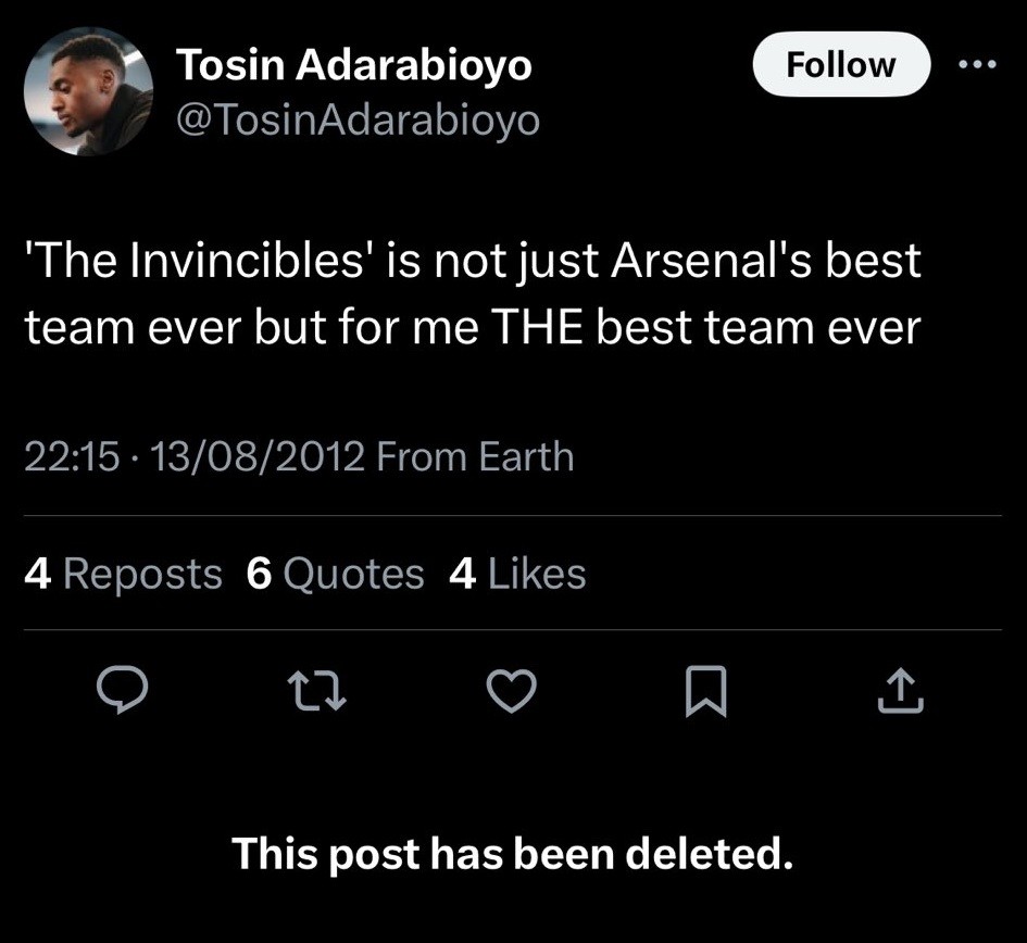 Tosin Adarabioyo's deleted tweet praising Arsenal's Invincibles side