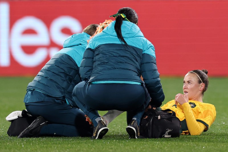 ADELAIDE, AUSTRALIA - MAY 31: Caitlin Foord of Australia is attended to by trainers after an injury during the international friendly match between Australia Matildas and China PR at Adelaide Oval on May 31, 2024 in Adelaide, Australia. (Photo by Cameron Spencer/Getty Images)