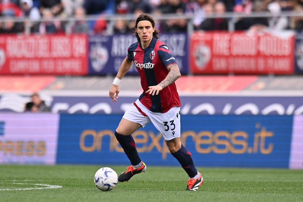 BOLOGNA, ITALY: Riccardo Calafiori of Bologna FC in action during the Serie A TIM match between Bologna FC and US Salernitana at Stadio Renato Dall'Ara on April 01, 2024. (Photo by Alessandro Sabattini/Getty Images)