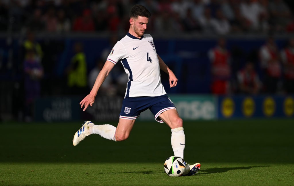 FRANKFURT AM MAIN, GERMANY - JUNE 20: England player Declan Rice in action during the UEFA EURO 2024 group stage match between Denmark and England at Frankfurt Arena on June 20, 2024 in Frankfurt am Main, Germany. (Photo by Stu Forster/Getty Images)
