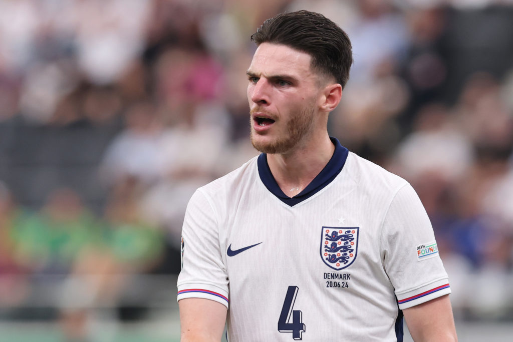 FRANKFURT AM MAIN, GERMANY - JUNE 20: Declan Rice of England reacts during the UEFA EURO 2024 group stage match between Denmark and England at Frankfurt Arena on June 20, 2024 in Frankfurt am Main, Germany. (Photo by Alex Grimm/Getty Images)