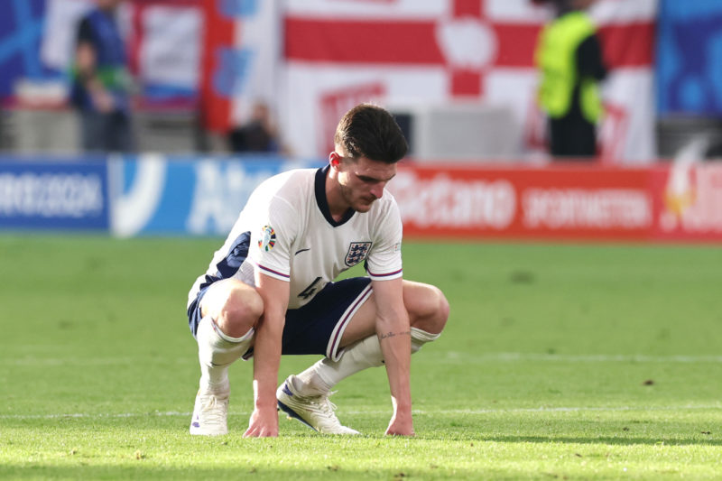 FRANKFURT AM MAIN, GERMANY - JUNE 20: Declan Rice of England reacts after the UEFA EURO 2024 group stage match between Denmark and England at Frankfurt Arena on June 20, 2024 in Frankfurt am Main, Germany. (Photo by Alex Grimm/Getty Images)
