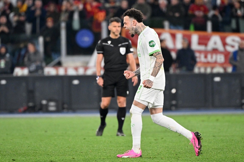 Feyenoord's Quilindschy Hartman reacts after scoring a penalty after the extra time during the UEFA Europa League round of 16 play-off football match between AS Roma and Feyenoord at the Olympic stadium in Rome on February 22, 2024. (Photo by ALBERTO PIZZOLI/AFP via Getty Images)