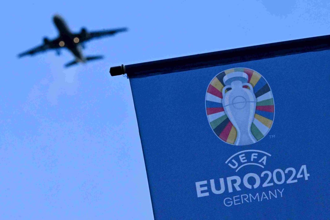 A flag with the logo of the UEFA Euro 2024 European Football Championship is pictured outside the Arena Frankfurt football stadium in Frankfurt am Main, western Germany on May 30, 2024. The UEFA EURO 2024 European Football Championship will take place from June 14 to July 14 in ten stadiums around Germany, including the Arena Frankfurt football stadium. (Photo by KIRILL KUDRYAVTSEV/AFP via Getty Images)