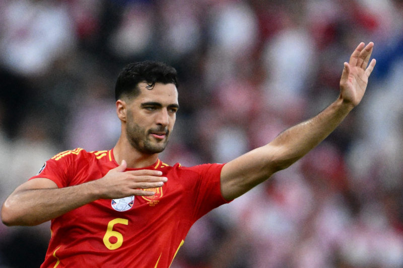Spain's midfielder #06 Mikel Merino celebrates after winning the UEFA Euro 2024 Group B football match between Spain and Croatia at the Olympiastadion in Berlin on June 15, 2024. (Photo by CHRISTOPHE SIMON/AFP via Getty Images)