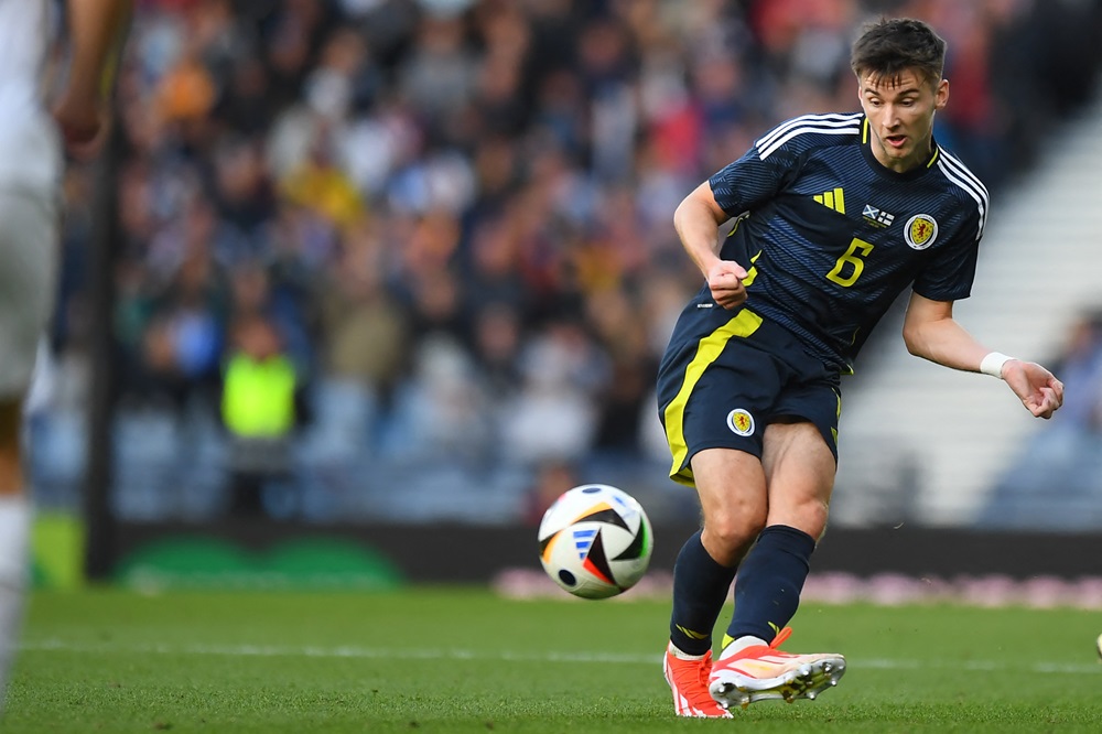Scotland's Kieran Tierney passes the ball during the international friendly football match between Scotland and Finland, at Hampden Park in Glasgow, on June 7, 2024. (Photo by ANDY BUCHANAN/AFP via Getty Images)