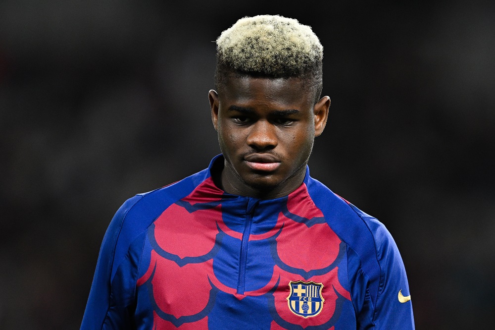 BARCELONA, SPAIN: Mikayil Faye of FC Barcelona looks on prior to the LaLiga EA Sports match between FC Barcelona and UD Las Palmas at Estadi Olimpic Lluis Companys on March 30, 2024. (Photo by David Ramos/Getty Images)