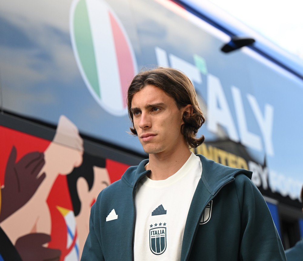 ISERLOHN, GERMANY: Riccardo Calafiori of Italy arrives at the training ground at Hemberg-Stadion on June 23, 2024. (Photo by Claudio Villa/Getty Images for FIGC)
