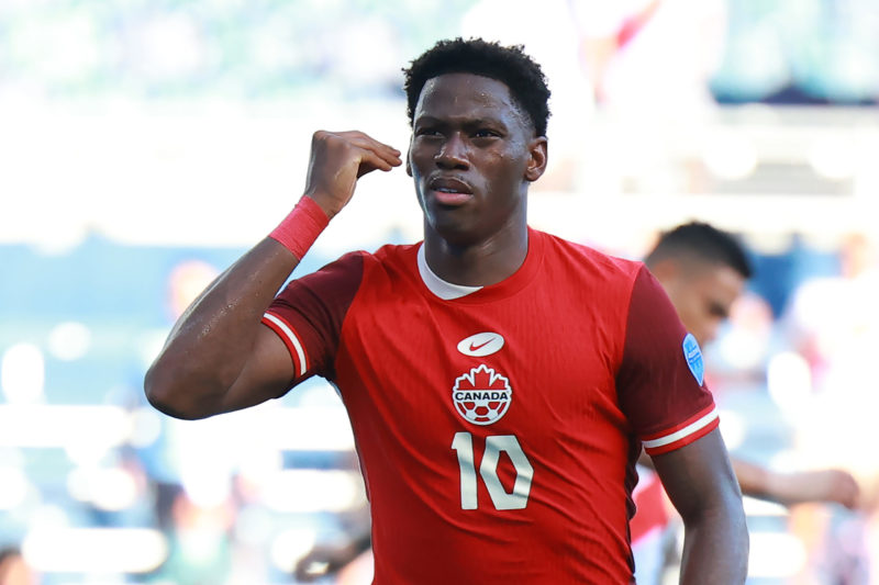 KANSAS CITY, KANSAS - JUNE 25: Jonathan David of Canada celebrates after scoring the team's first goal during the CONMEBOL Copa America 2024 between Peru and Canada at Children's Mercy Park on June 25, 2024 in Kansas City, Kansas. (Photo by Hector Vivas/Getty Images)