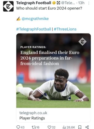 Bukayo Saka on the ground with a pained expression, accompanied by the Telegraph Football headline "England finalised their Euro 2024 preparations in far-from-ideal fashion.