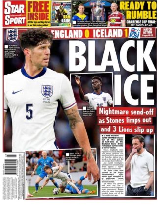 John Stones and Bukayo Saka during the match, with the Daily Star Sport headline "BLACK ICE," highlighting England's loss to Iceland and Stones' injury.