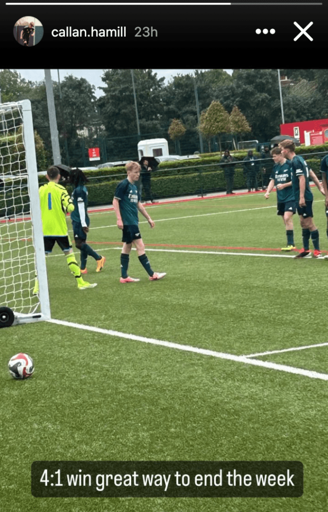 Callan Hamill during his trial with Arsenal (Photo via Hamill on Instagram)