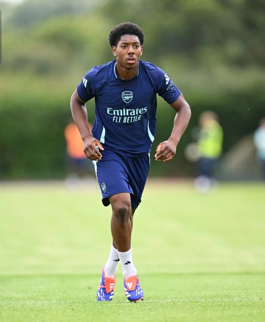 Myles Lewis-Skelly in training with the Arsenal first team (Photo via Arsenal.com)