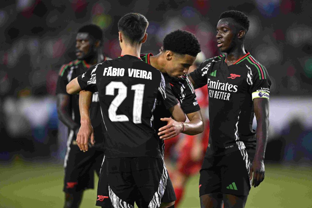 CARSON, CALIFORNIA - JULY 24: Fabio Vieira #21 of Arsenal FC is congratulated by teammates after scoring a goal against AFC Bournemouth during the first half at Dignity Health Sports Park on July 24, 2024 in Carson, California. (Photo by Orlando Ramirez/Getty Images)