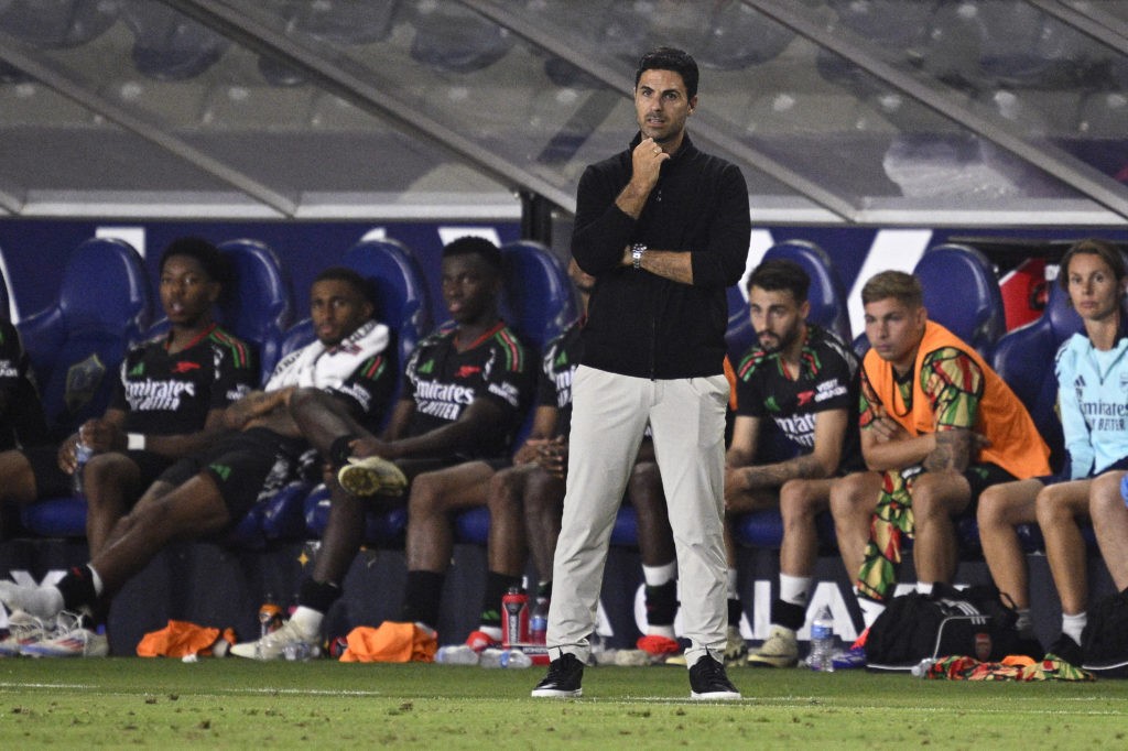 CARSON, CALIFORNIA - JULY 24: Mikel Arteta of Arsenal FC looks on from the sideline during the second half against AFC Bournemouth at Dignity Health Sports Park on July 24, 2024 in Carson, California. (Photo by Orlando Ramirez/Getty Images)