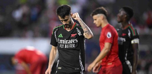 CARSON, CALIFORNIA - JULY 24: Fabio Vieira #21 of Arsenal FC celebrates after scoring a goal against AFC Bournemouth during the first half at Dignity Health Sports Park on July 24, 2024 in Carson, California. (Photo by Orlando Ramirez/Getty Images)