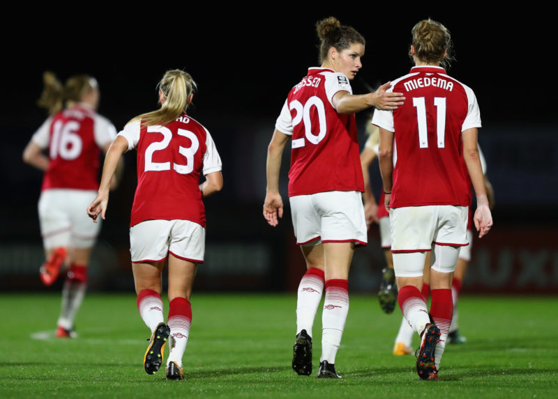 BOREHAMWOOD, ENGLAND - OCTOBER 12: Dominique Janssen and Vivianne Miedema in action during the FA Women's Super League Continental Cup match between Arsenal and London Bees, on October 12, 2017 in Borehamwood, United Kingdom.  (Photo by Naomi Baker/Getty Images)
