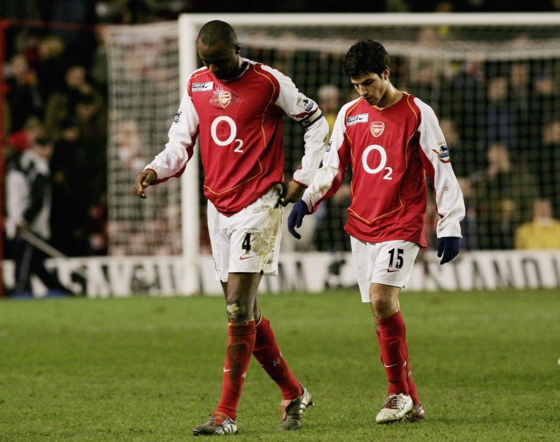 LONDON - FEBRUARY 1: Patrick Vieira and Francesc Fabregas of Arsenal look dejected as Manchester win 2-4 in the Barclays Premiership match between Arsenal and Manchester United at Highbury on February 1, 2005 in London, England. (Photo by Ben Radford/Getty Images)