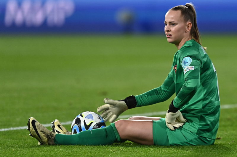 Netherlands' goalkeeper #01 Daphne Van Domselaar reacts during the UEFA Women's Nations League semi-final football match between Spain and Netherlands at the La Cartuja stadium in Seville, on February 23, 2024.(Photo by JORGE GUERRERO/AFP via Getty Images)