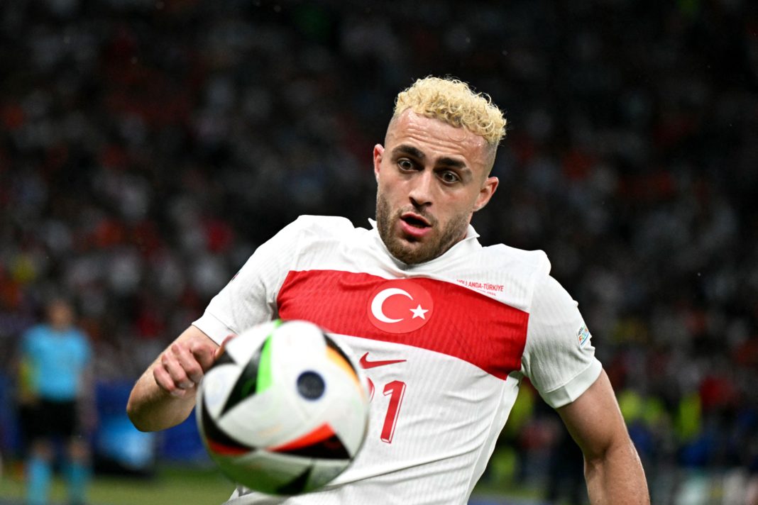 Turkey's forward #21 Baris Alper Yilmaz runs for the ball during the UEFA Euro 2024 quarter-final football match between the Netherlands and Turkey at the Olympiastadion in Berlin on July 6, 2024. (Photo by JAVIER SORIANO/AFP via Getty Images)