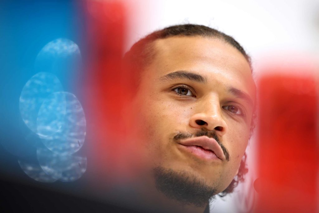 HERZOGENAURACH, GERMANY - JULY 02: Leroy Sane of Germany talks to the media during a press conference at Herzo-Base on July 02, 2024 in Herzogenaurach, Germany. (Photo by Alexander Hassenstein/Getty Images)