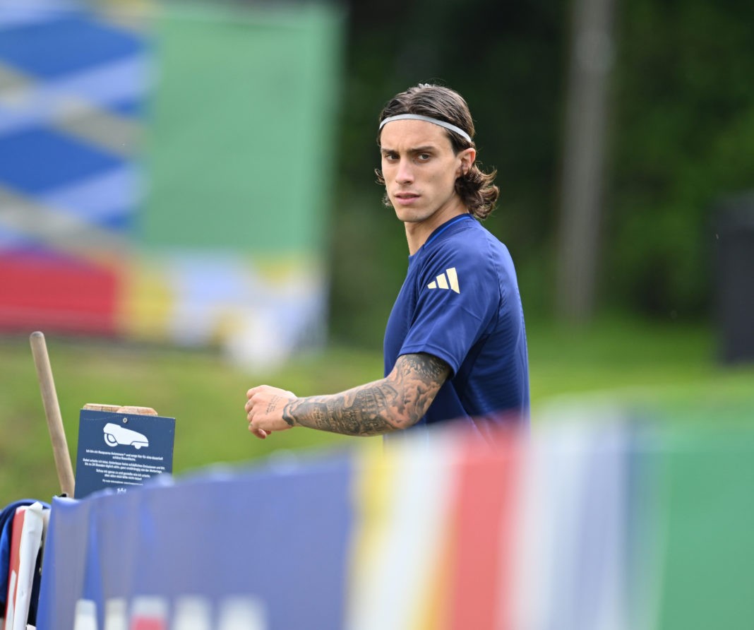 ISERLOHN, GERMANY - JUNE 23: Riccardo Calafiori of Italy looks on during a Italy training session at Hemberg-Stadion on June 23, 2024 in Iserlohn, Germany. (Photo by Claudio Villa/Getty Images for FIGC)