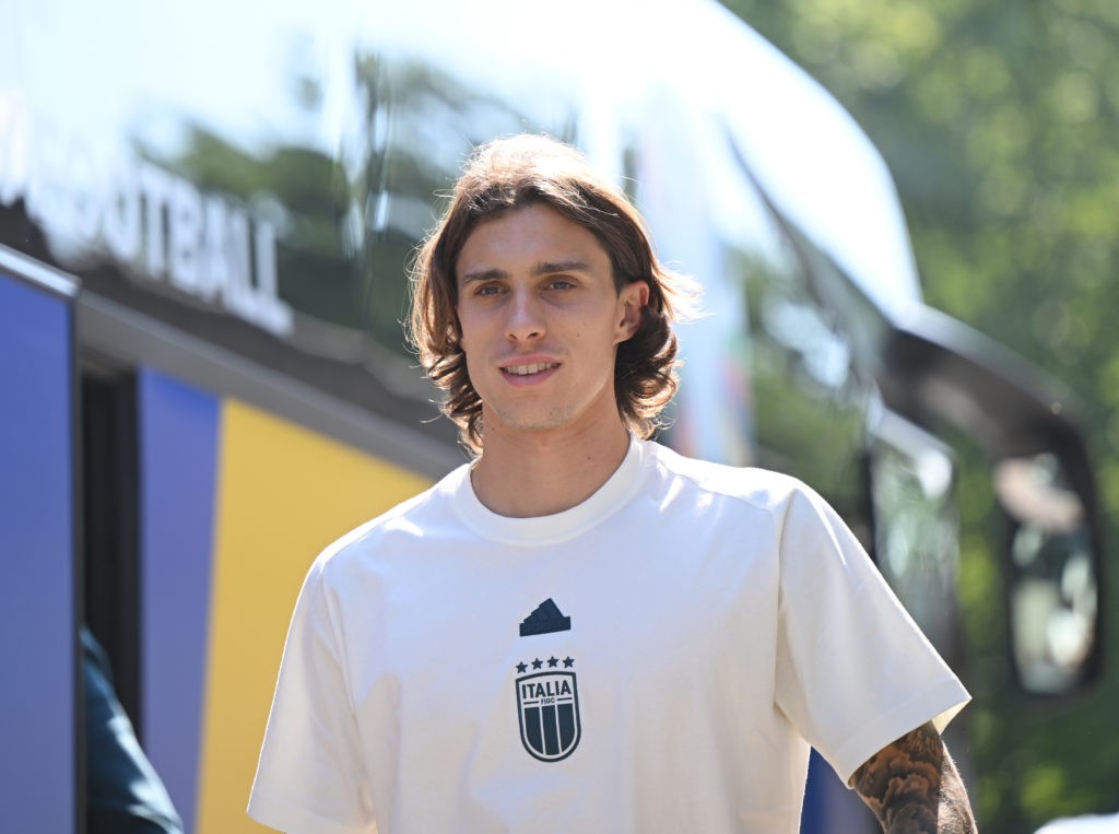 ISERLOHN, GERMANY - JUNE 26: Riccardo Calafiori of Italy arrives at Hemberg-Stadion prior to the Italy training session on June 26, 2024 in Iserlohn, Germany. (Photo by Claudio Villa/Getty Images for FIGC)