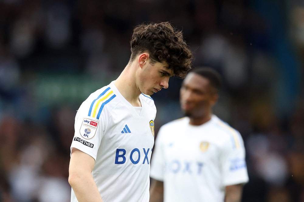 LEEDS, ENGLAND: Archie Gray of Leeds United looks dejected following the Sky Bet Championship match between Leeds United and Southampton FC at Elland Road on May 04, 2024. (Photo by Ed Sykes/Getty Images)