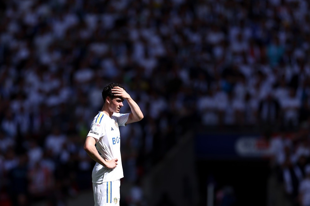 LONDON, ENGLAND: Archie Grey of Leeds United reacts during the Sky Bet Championship Play Final match at Wembley Stadium on May 26, 2024. (Photo by Alex Pantling/Getty Images)